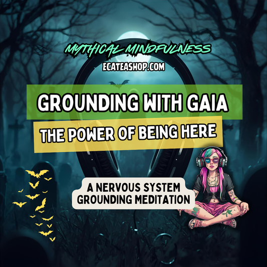Promotional graphic for 'Grounding with Gaia' meditation featuring a person meditating in nature.