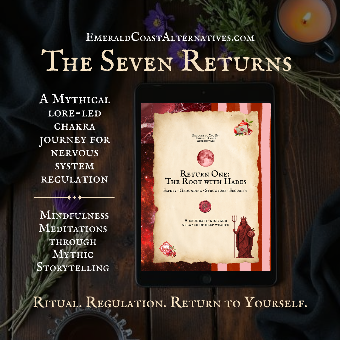 Promotional image for 'The Seven Returns' with a tablet displaying a book cover on a dark background for Hades Lore & Root Chakra