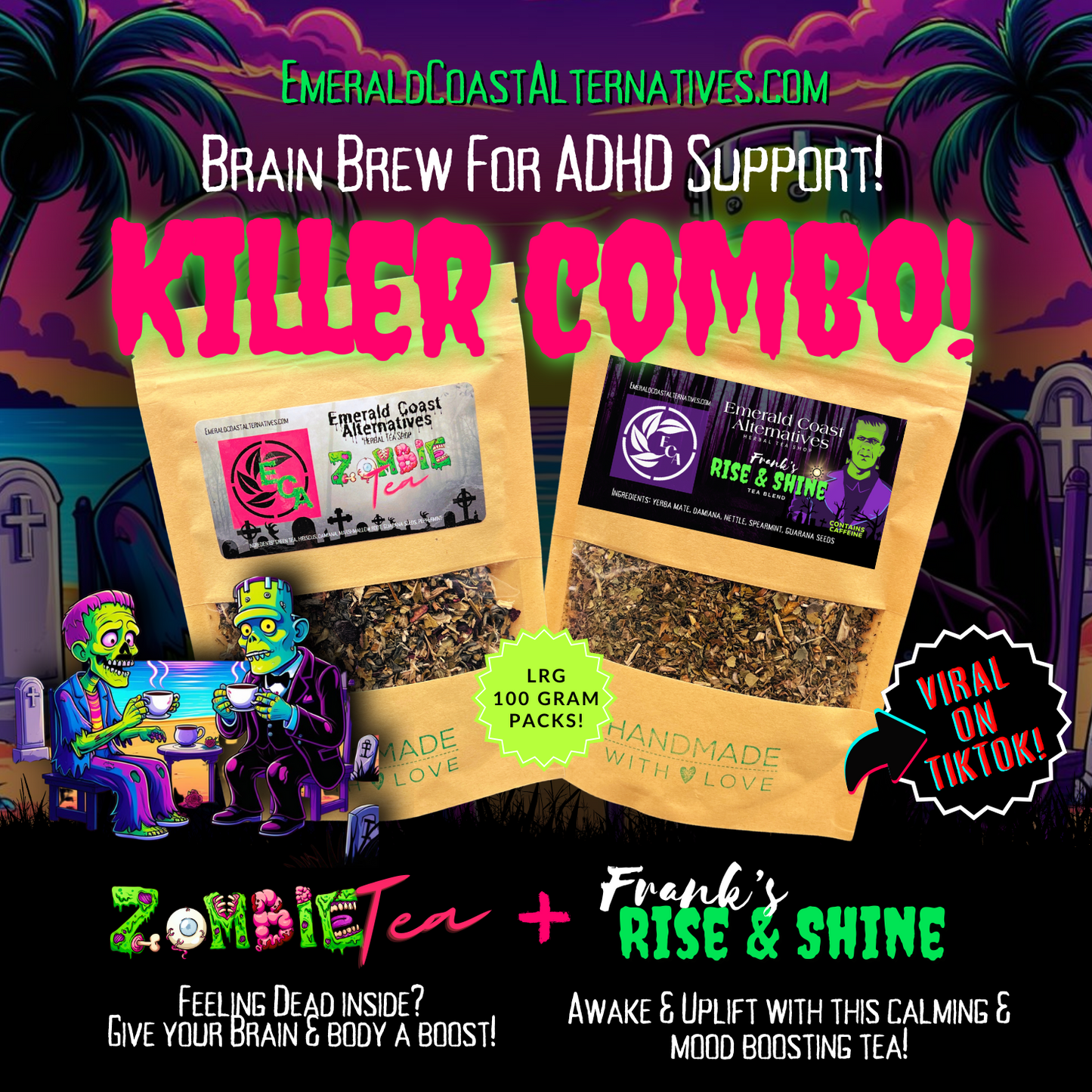Killer Combo ADHD tea set with Rise and Shine and Zombie Tea handmade herbal blends