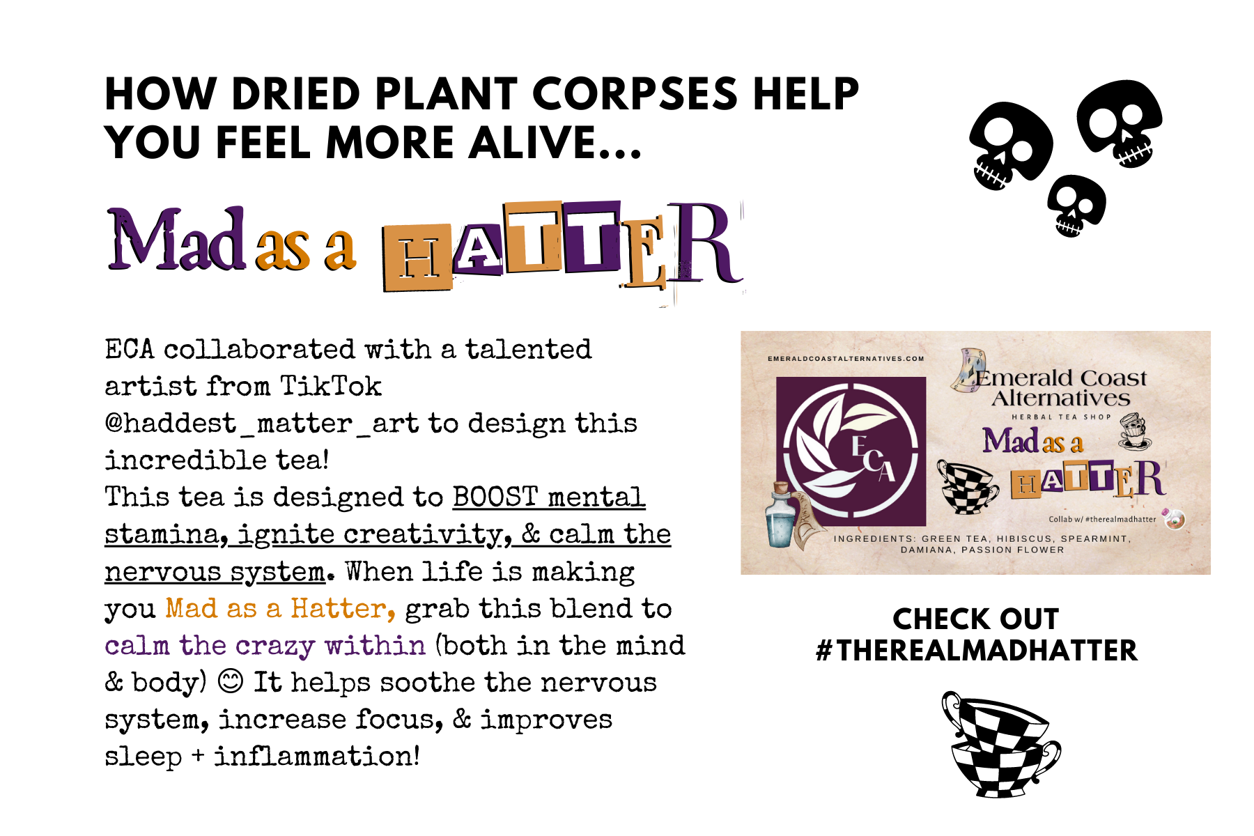 Mad As A Hatter Tea, Creativity Tea, Anxiety Relief Tea, Passion Flower Tea, Black Tea, Focus Tea, Pain Relief Tea, PTSD Tea, Chronic Pain Tea, Emerald Coast Alternatives
