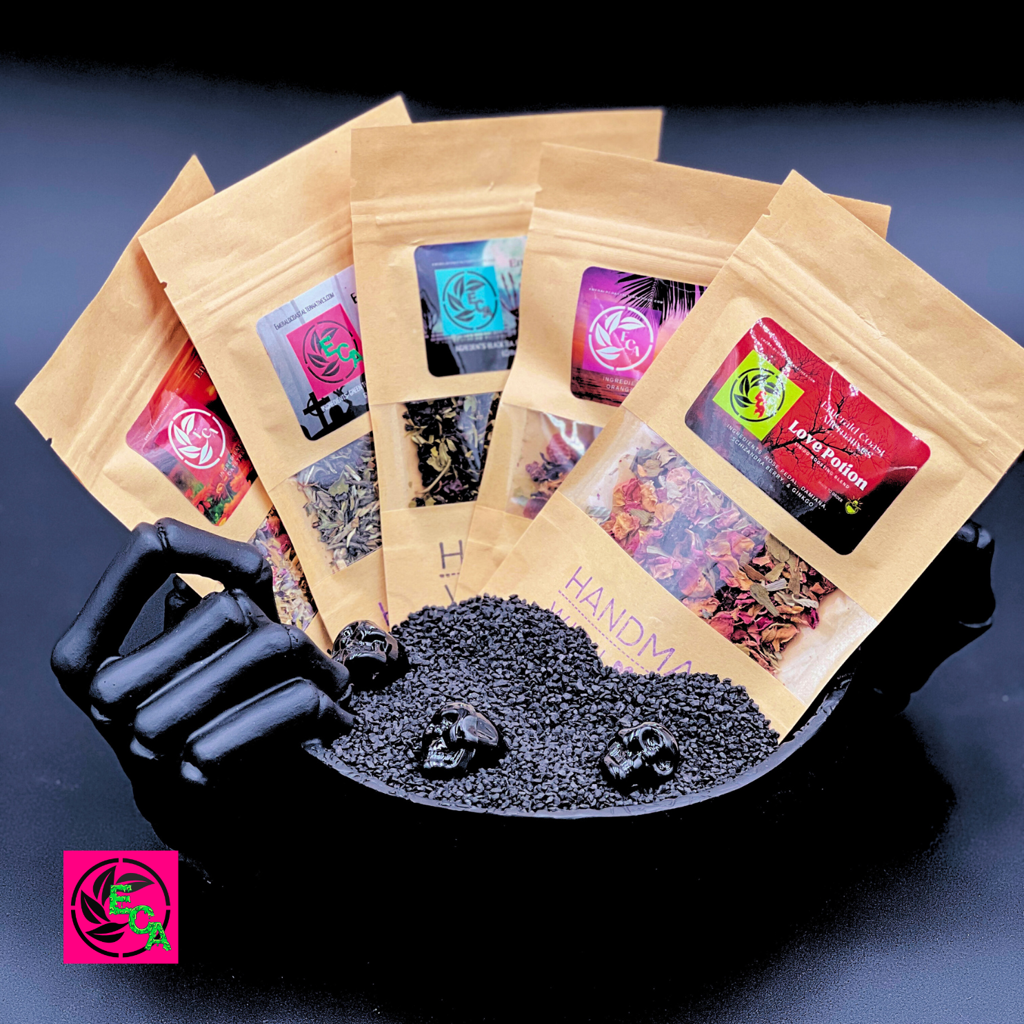 Love Potion, Lifes a Beach, Rise from the dea, Feel good floral, Zombie tea, herbal tea sample set