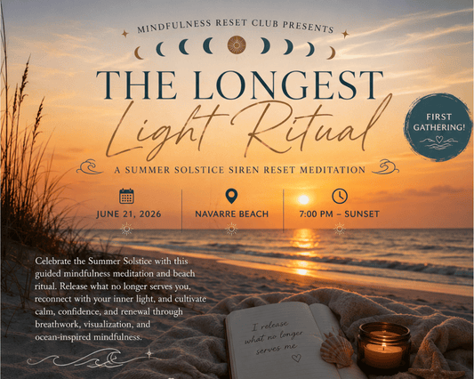 Promotional poster for 'The Longest Light Ritual' event at Navarre Beach with sunset over water and beach setting.