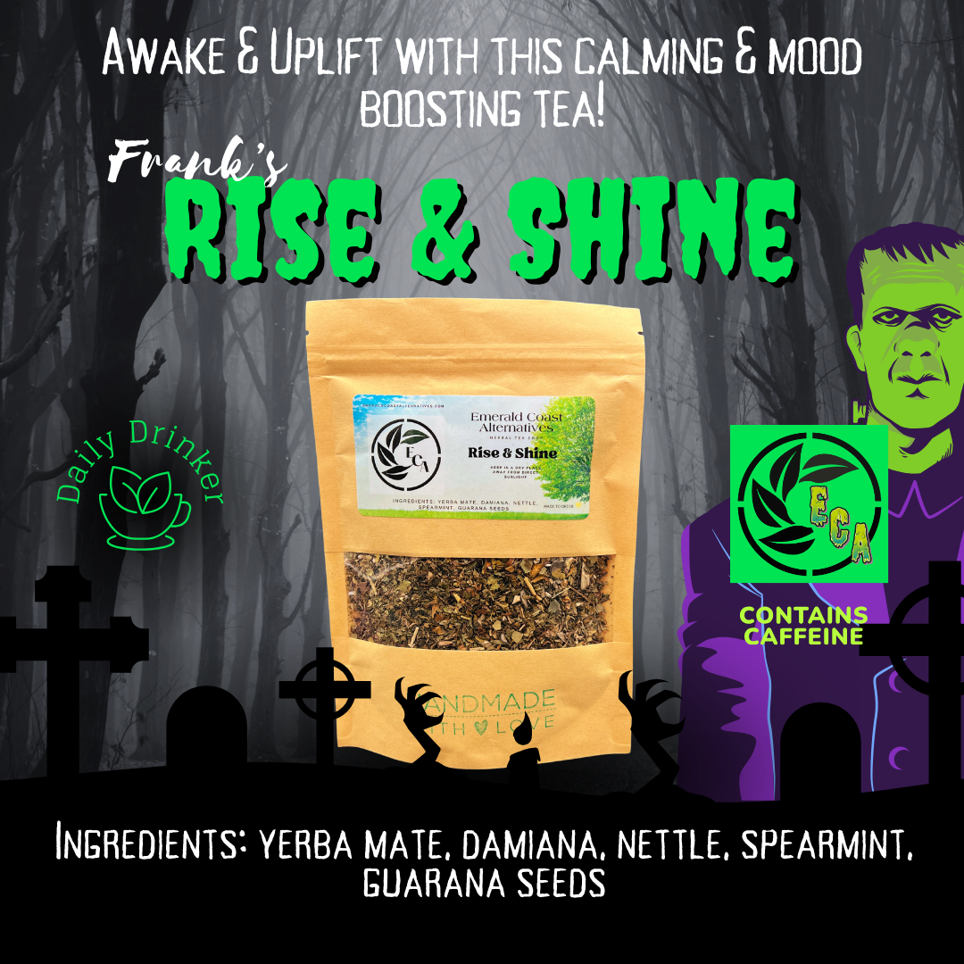 Rise and Shine herbal tea blend for ADHD focus with yerba mate, damiana, nettle, spearmint, and guarana