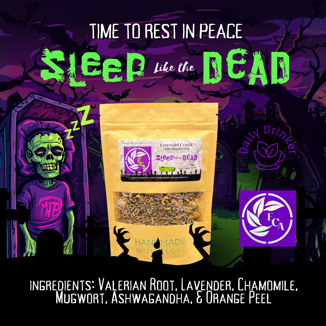 Sleep Like the Dead product packaging with zombie graphic and product details on a Halloween-themed background.