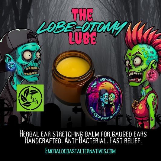 The Lobe-otomy Lube herbal ear stretching balm for gauged ears in amber glass jar with product label, displayed with spooky zombie characters and Emerald Coast Alternatives branding
