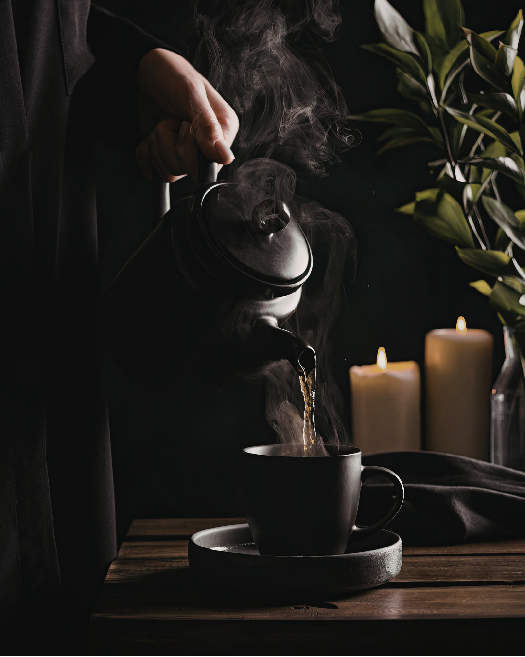 A person in a black garment pours hot tea from a dark ceramic teapot into a matching black cup on a saucer, with steam rising in a dimly lit setting with candles and greenery in the background.