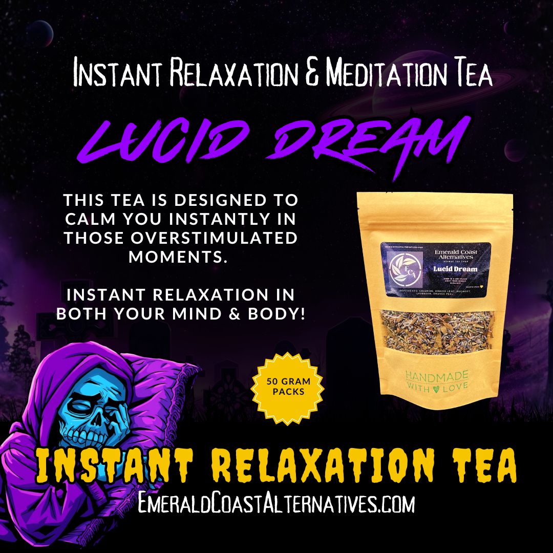 Advertisement for 'Lucid Dream' instant relaxation tea with packaging and promotional text on a dark background.