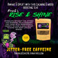 Tea package with promotional text for 'Frank's Rise & Shine' tea on a dark background. anti-depressant tea