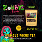 Tea packaging with colorful text and graphics on a dark background ZOMBIE TEA adhd tea