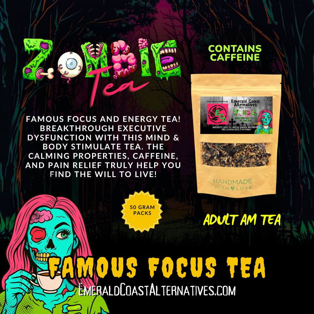 Tea packaging with colorful text and graphics on a dark background ZOMBIE TEA adhd tea