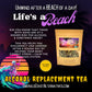 Alcohol replacement tea package with promotional text on a beach-themed background