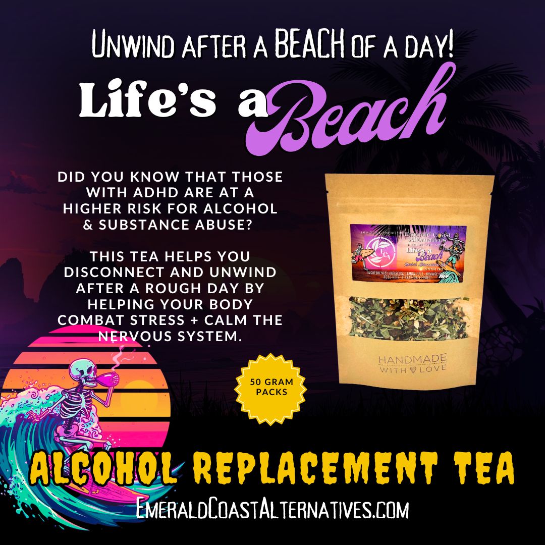 Alcohol replacement tea package with promotional text on a beach-themed background