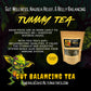 Advertisement for Tummy Tea with packaging and promotional text on a dark background, GI gut support tea