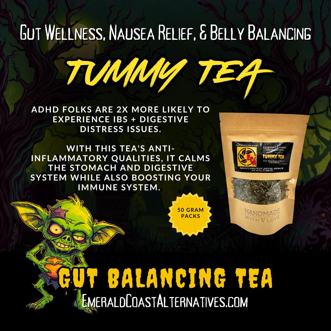 Advertisement for Tummy Tea with packaging and promotional text on a dark background, GI gut support tea