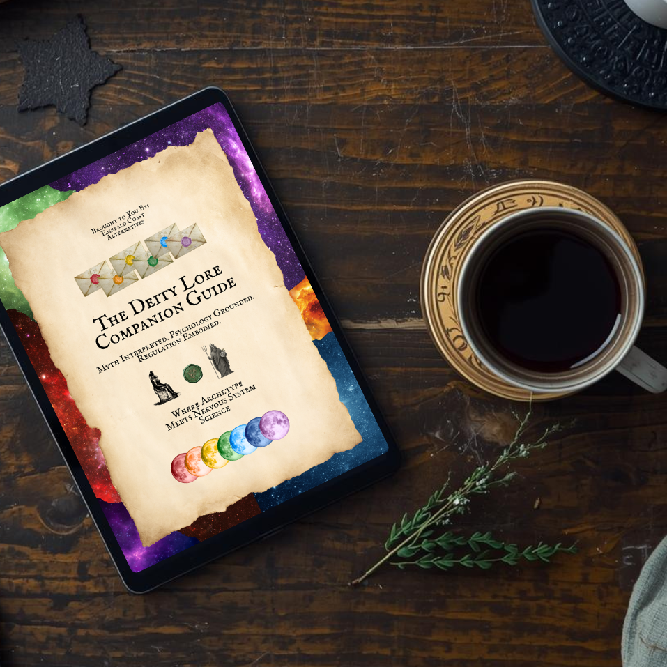 Tablet displaying 'The Deity Lore Companion Guide' on a wooden table with a cup of coffee.
