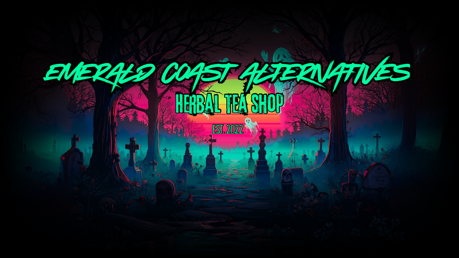 Neon sign for 'Emerald Coast Alternatives Herbal Tea Shop' in a Halloween-themed setting with tombstones and trees.