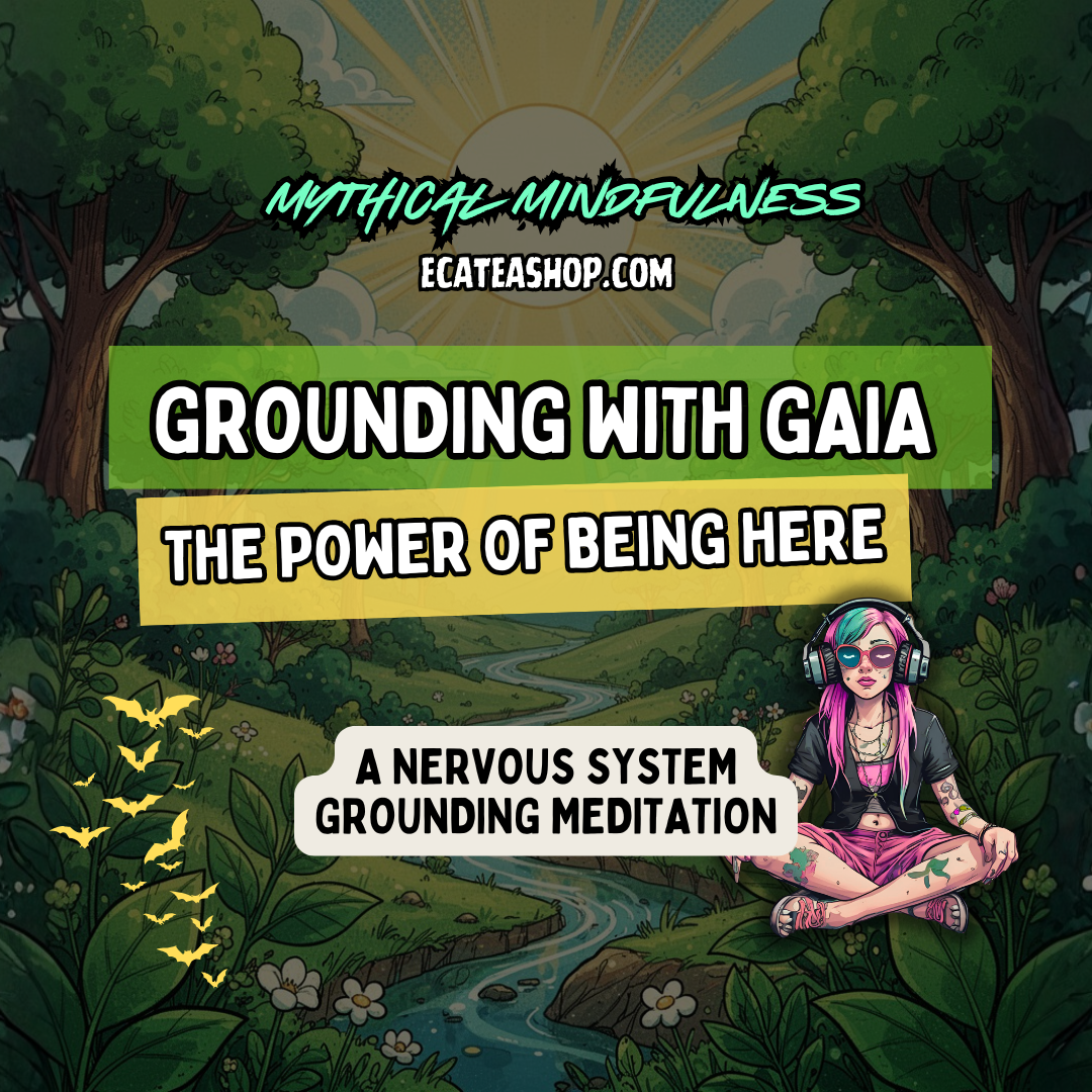 Promotional graphic for 'Grounding with Gaia' meditation in a forest setting with text overlay.