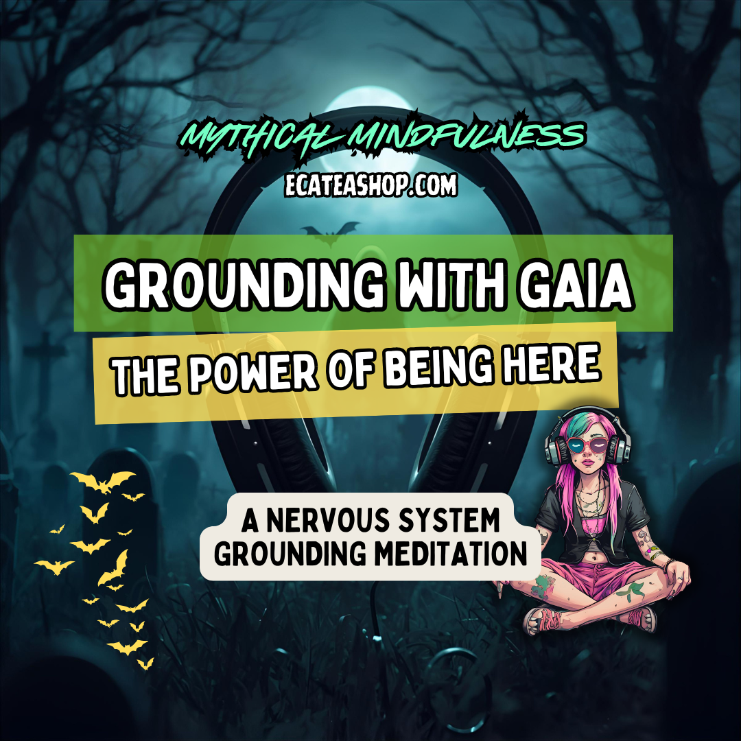 Promotional graphic for 'Grounding with Gaia' meditation featuring a person meditating in nature.
