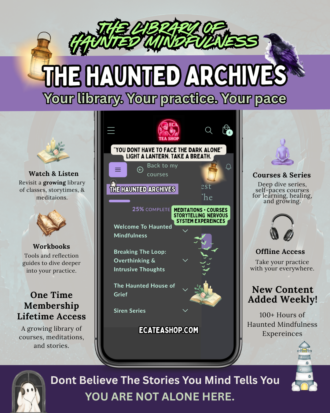Promotional graphic for 'The Haunted Archives' digital meditation library, featuring a smartphone mockup displaying the app interface, surrounded by themed illustrations and text on a purple and gray background.