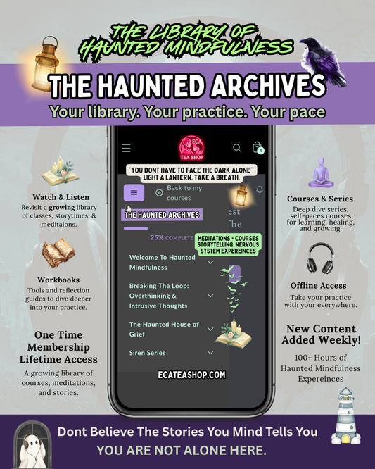 Promotional graphic for 'The Haunted Archives' digital meditation library, featuring a smartphone mockup displaying the app interface, surrounded by themed illustrations and text on a purple and gray background.