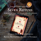Promotional image for 'Seven Returns' with a tablet displaying a mystical book, candle, and tea on a wooden surface.