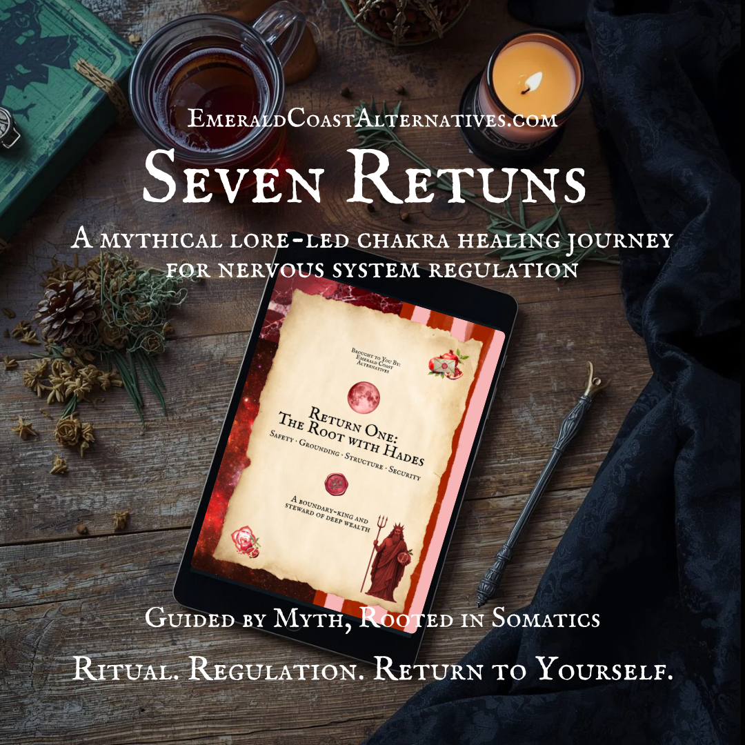 Promotional image for 'Seven Returns' with a tablet displaying a mystical book, candle, and tea on a wooden surface.