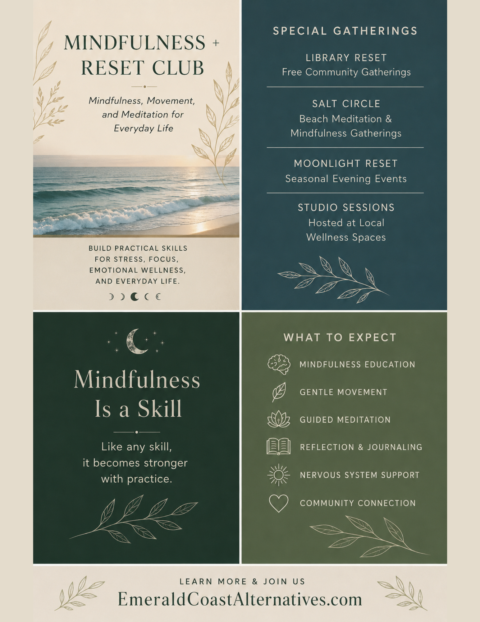Promotional flyer for a Mindfulness Reset Club with ocean imagery and text about mindfulness activities.