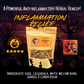 A stand-up pouch of Herbal Remedy 'Inflammation Relief' herbal supplement displayed against a dark Halloween-themed background with silhouettes of trees and graves. The package is beige with a yellow-orange label and a clear window showing dried herbs inside.