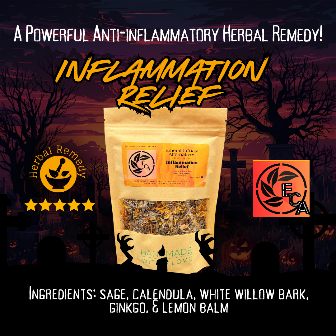 A stand-up pouch of Herbal Remedy 'Inflammation Relief' herbal supplement displayed against a dark Halloween-themed background with silhouettes of trees and graves. The package is beige with a yellow-orange label and a clear window showing dried herbs inside.