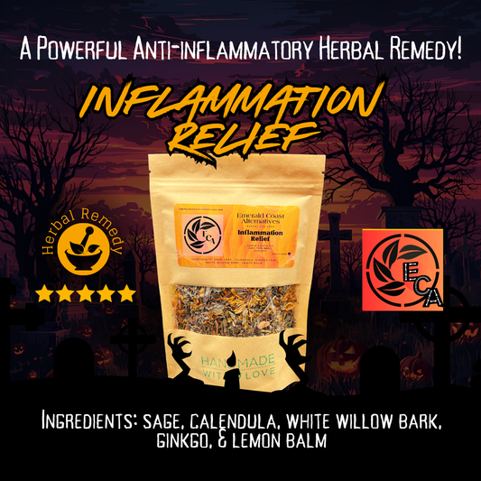 A stand-up pouch of Herbal Remedy 'Inflammation Relief' herbal supplement displayed against a dark Halloween-themed background with silhouettes of trees and graves. The package is beige with a yellow-orange label and a clear window showing dried herbs inside.