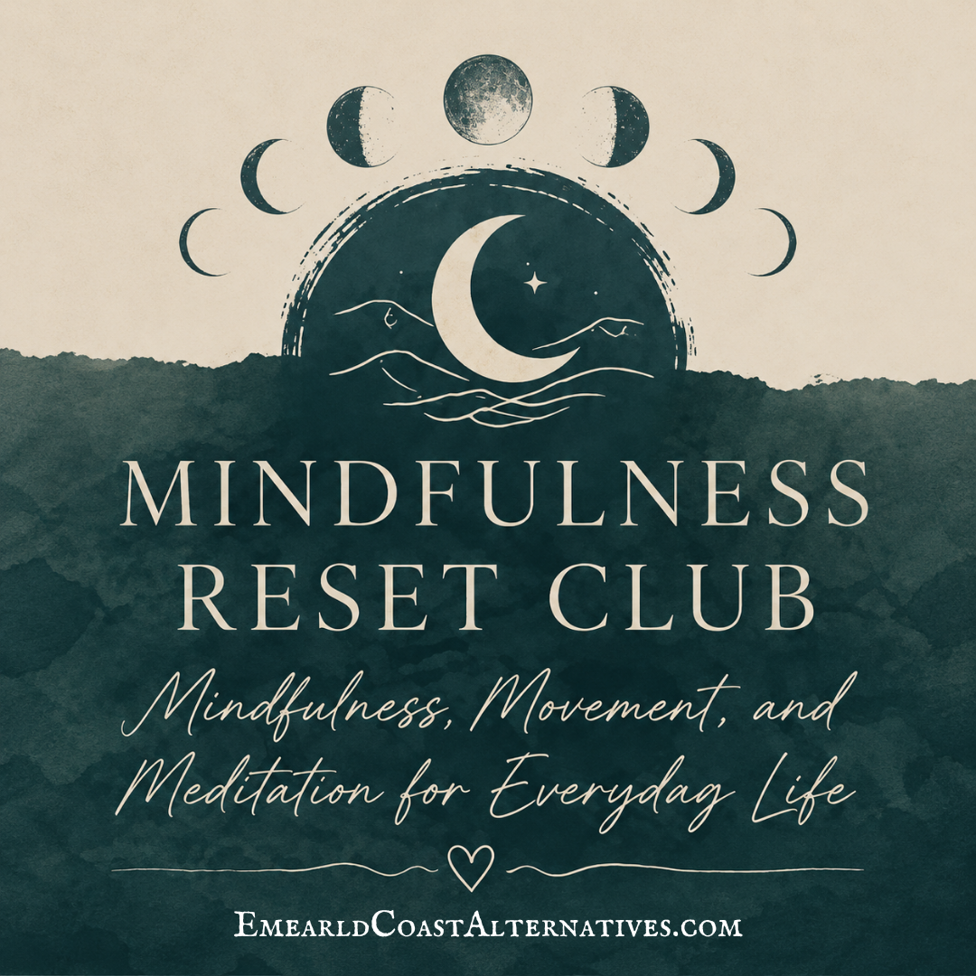Advertisement for Mindfulness Reset Club with moon phases and text on a textured background