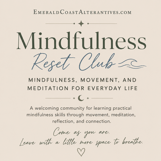 Advertisement for 'Mindfulness Reset Club' with text on a beige background