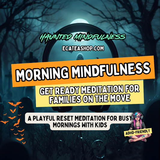 Promotional graphic for 'Morning Mindfulness' meditation with a dark, forest-like background and text overlay.