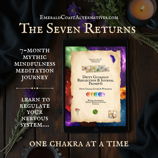 Promotional image for 'The Seven Returns' meditation journey with a tablet displaying a chakra reflection guide.
