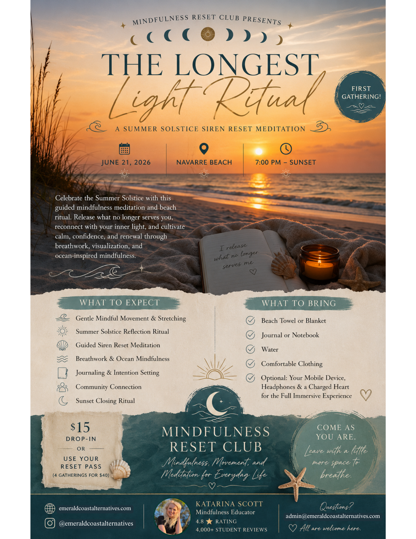 Promotional flyer for 'The Longest Light Ritual' event on a beach with sunset.
