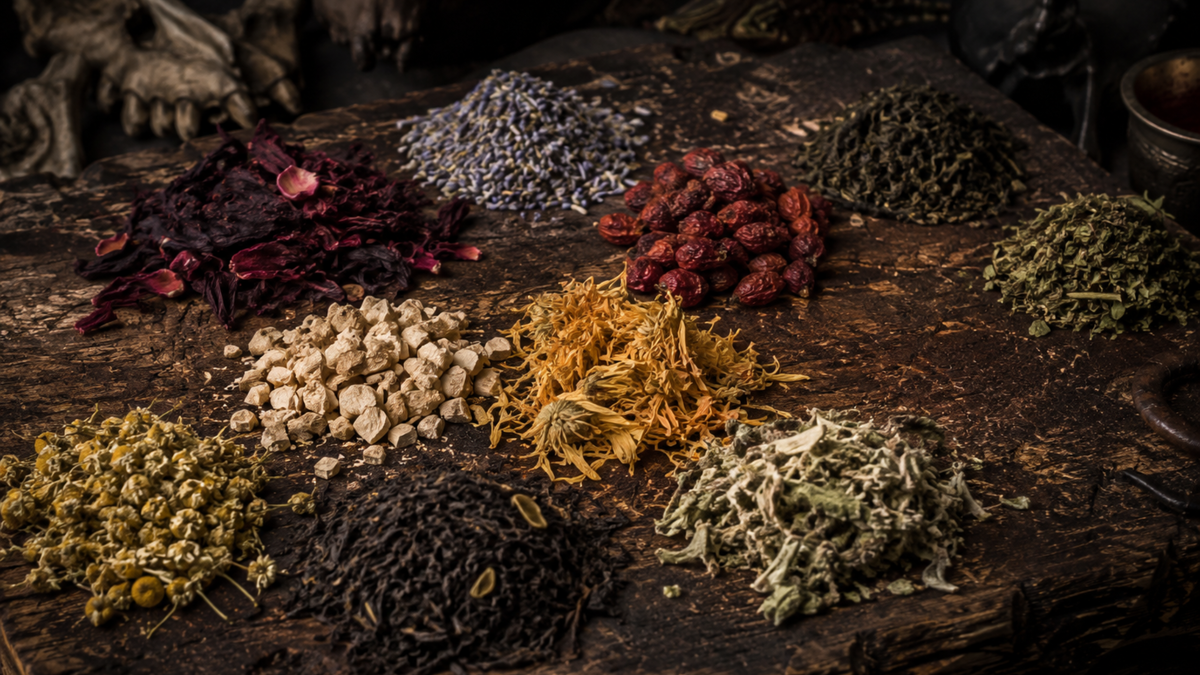 Assorted dried herbs and plants on a wooden surface