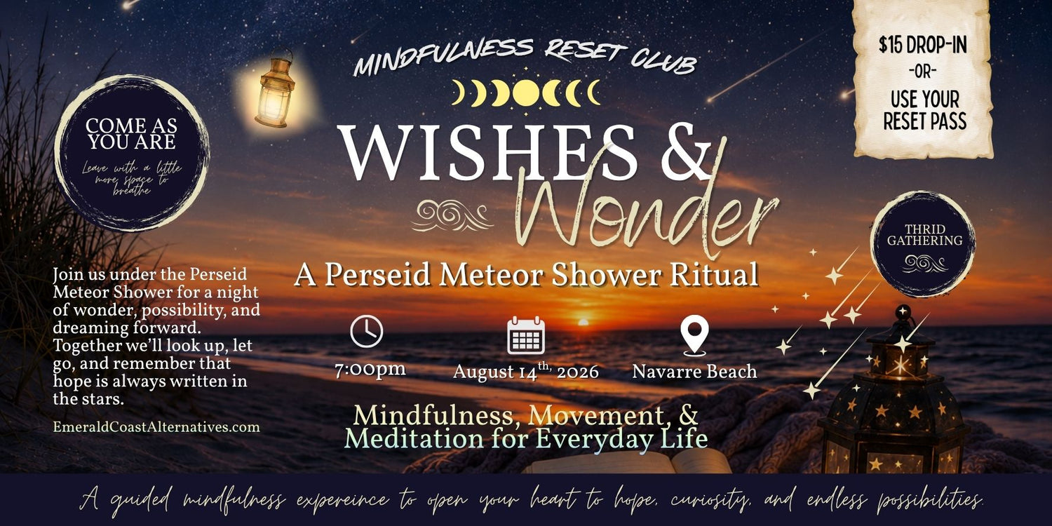Promotional flyer for a 'Wishes & Wonder' Perseid Meteor Shower Ritual by Mindfulness Reset Club, featuring a dark starry sky, lanterns, and ocean sunset background with event details and pricing.