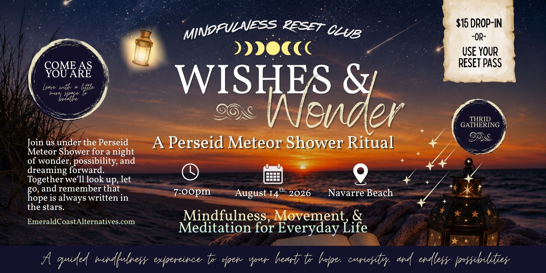 Promotional flyer for a 'Wishes & Wonder' Perseid Meteor Shower Ritual by Mindfulness Reset Club, featuring a dark starry sky, lanterns, and ocean sunset background with event details and pricing.